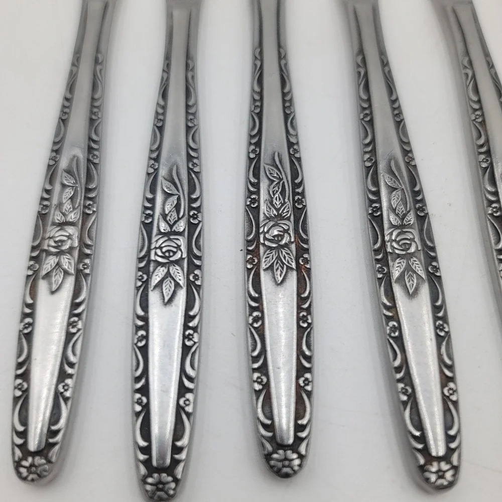Vintage Rose Floral Stainless Steel Dinner Knives Set of 7 Korea SYF2 Style